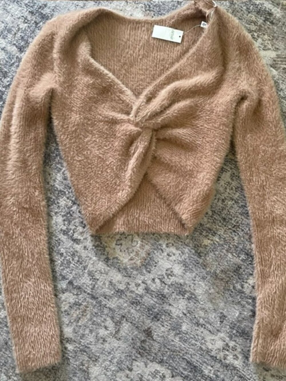 Aerie Small Fuzzy Long Sleeve Twist Front Cropped Sweater Tan New T9